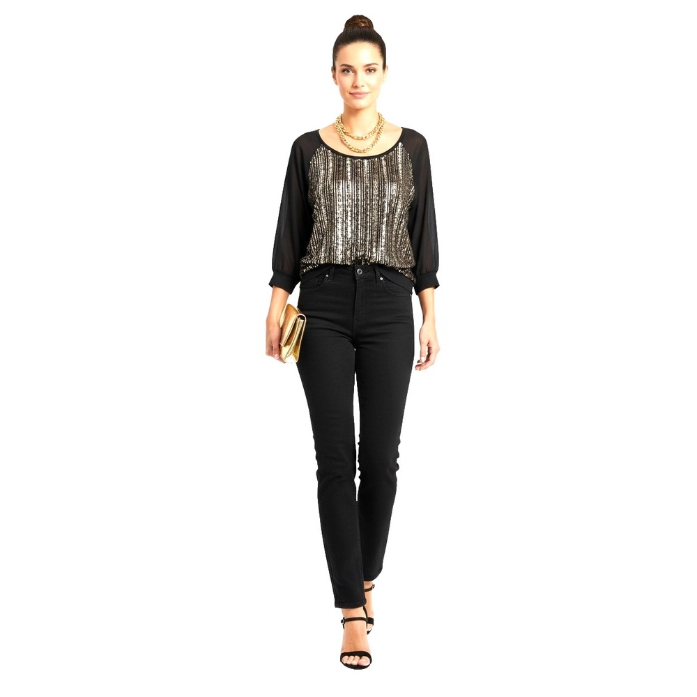 Express Sequin Top Women's S Black Gold Shimmer Sheer Sleeve Blouse Party EUC